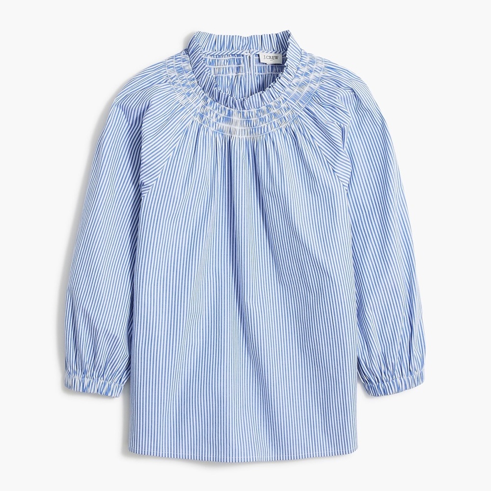 J.CREW Top Women Blue Stripe Smocked Neck Blouse Long Sleeve Sz S Smudge/Hole